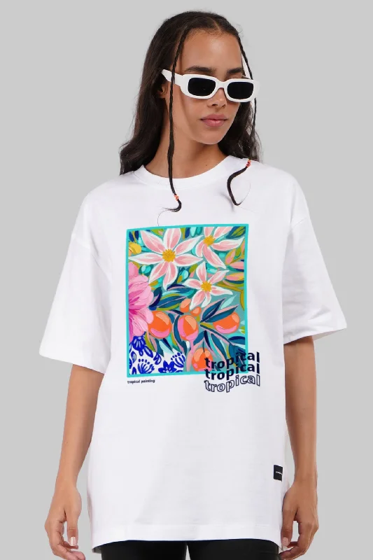 Tropical Flowers White Oversized Fit T-Shirt Women Fashionable Trendy Casual