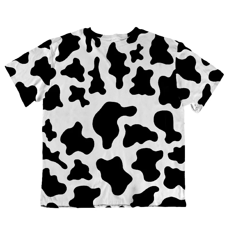 Unisex Oversized Tee - Cow Print Mesh Blend Leather Blend Suede Blend