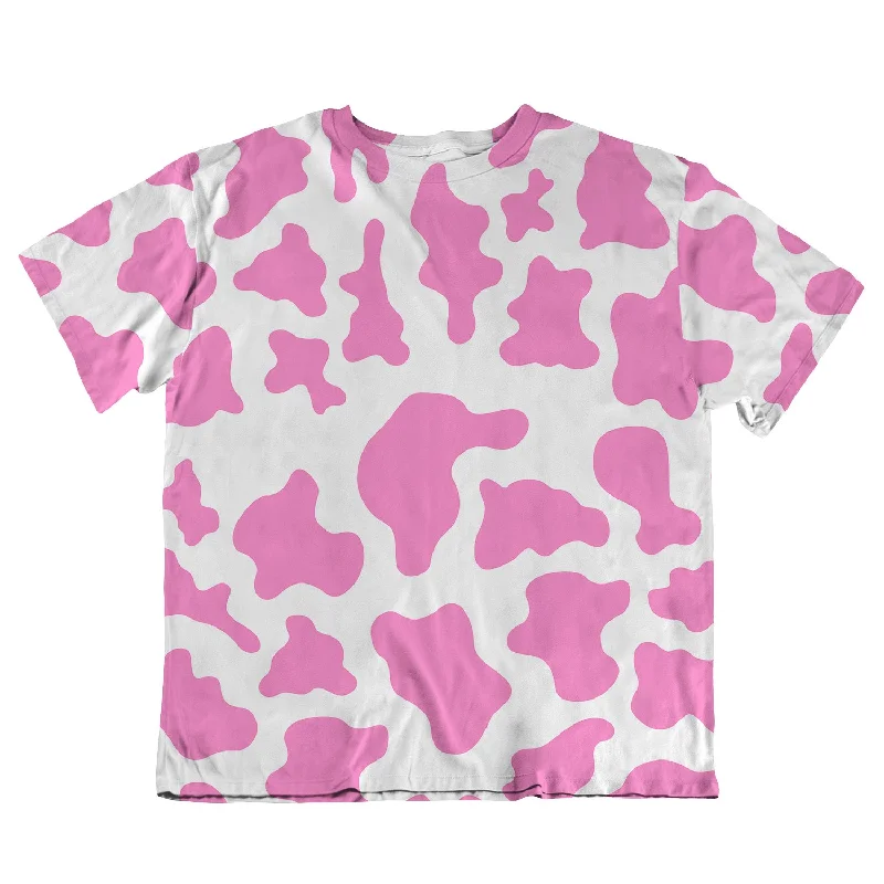 Unisex Oversized Tee - Pink Cow Print Houndstooth Herringbone Solid