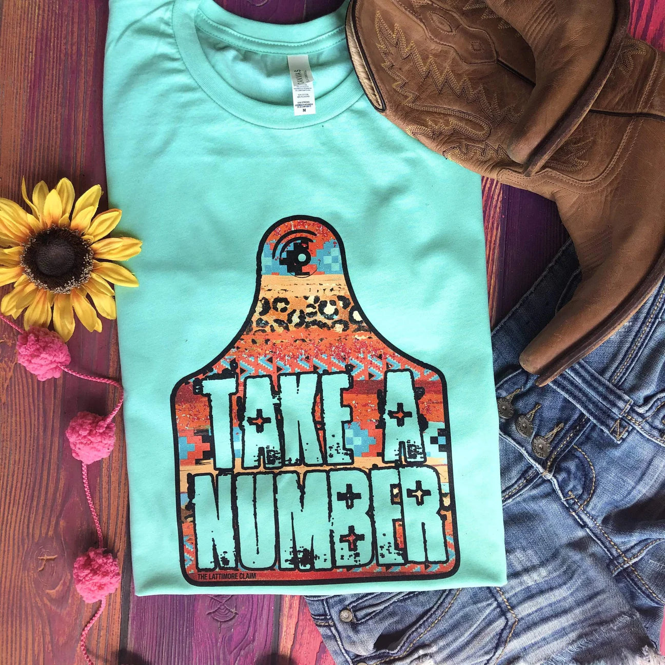 Western Cattle Tag "Take A Number" Tee - Mint Notch Collar Peter Pan Collar Cowl Neck