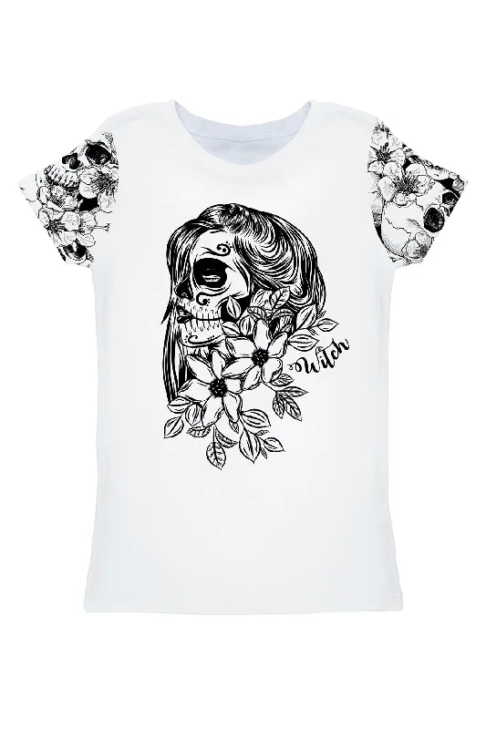 White Witch Zoe Skull Print Halloween Designer T-Shirt - Women Chenille Brocade Lace