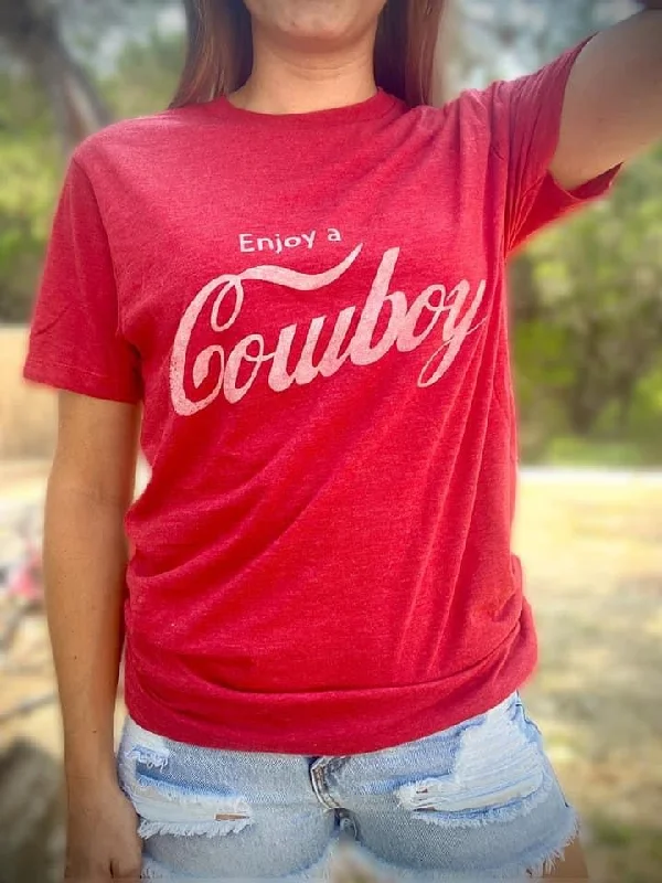 Enjoy a Cowboy Tee Notch Collar Peter Pan Collar Cowl Neck