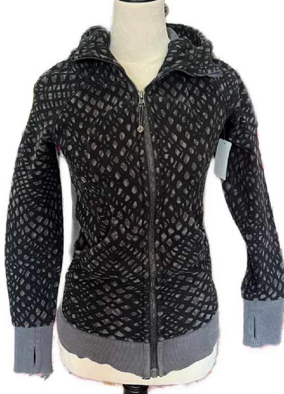 Lululemon Black Printed Full-Zip Seestshirt Jacket w/hood Size 4 MSP$118 Denim Jacket Leather Jacket Suede Jacket