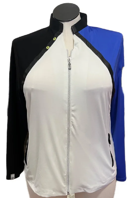 New Women's Jamie Sadock Long Sleeve Full-Zip Golf Jacket- White/Blue/Black Size L  MSP$129 Print Jacket Jacquard Jacket Patchwork Jacket