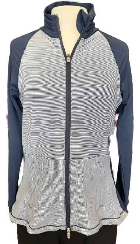 Peter Millar Full Zip Navy Striped Jacket w/ Peplum Size M  MSP$138 Print Jacket Jacquard Jacket Embroidered Jacket