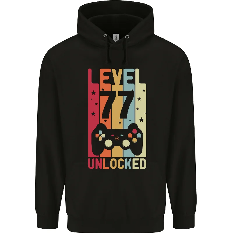 77th Birthday 77 Year Old Level Up Gaming Mens 80% Cotton Hoodie Hoodie with Button Placket Classic Preppy