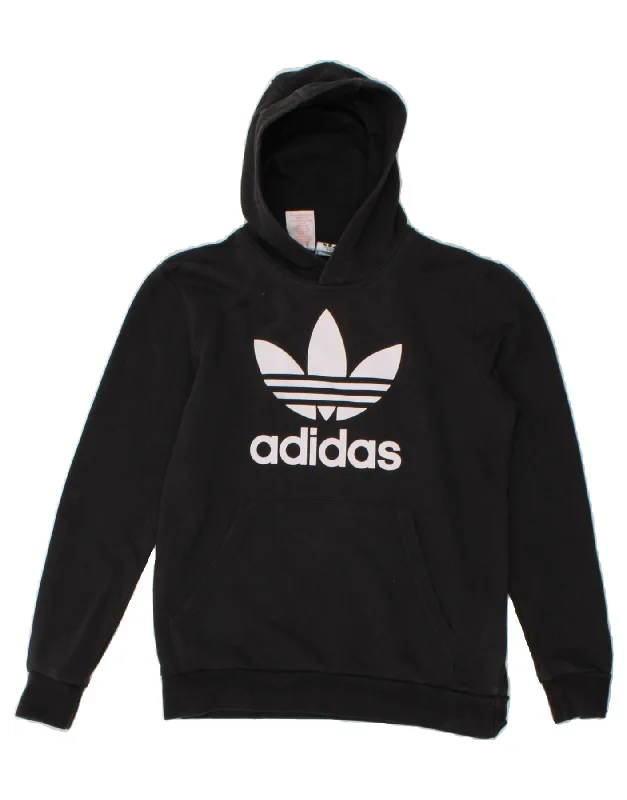 ADIDAS Boys Graphic Hoodie Jumper 13-14 Years Black Cotton Hoodie with Toggle Buttons Decorative Unique