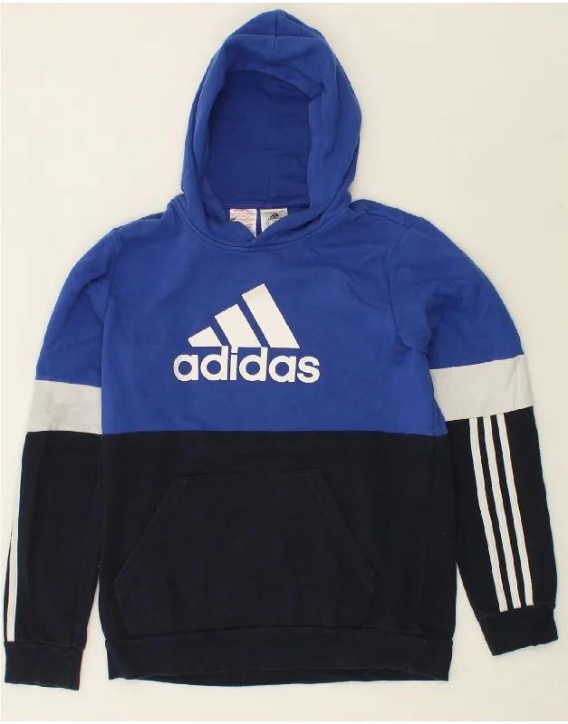 ADIDAS Boys Graphic Hoodie Jumper 15-16 Years Navy Blue Colourblock Cotton Hoodie with Slit Hem Functional Movement