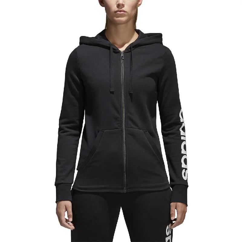 Adidas Essential Linear Full Zip Logo Women's Hoodie Black Hoodie with Metallic Shiny Futuristic