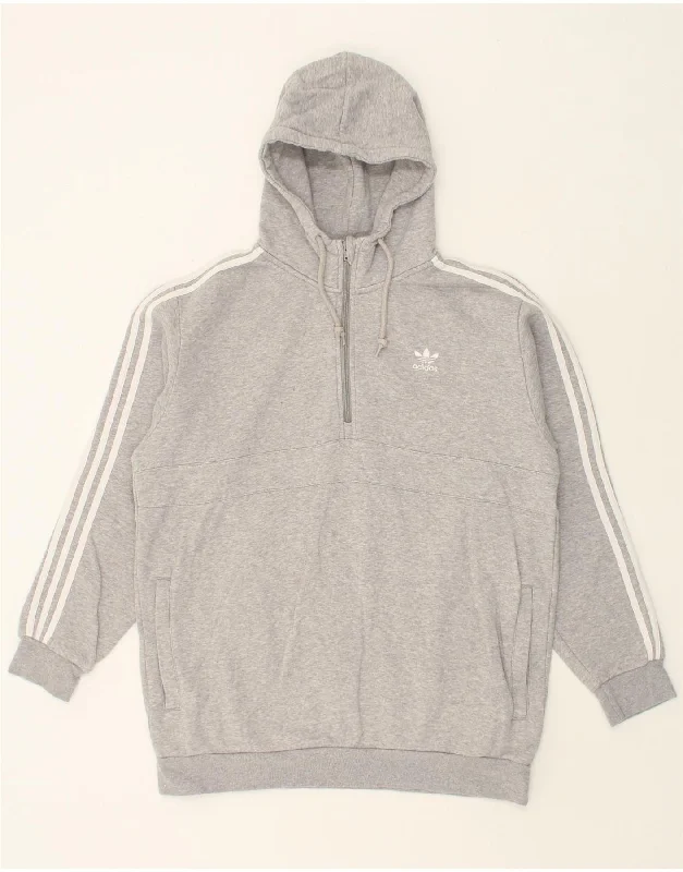 ADIDAS Mens Zip Neck Hoodie Jumper Large Grey Cotton Hoodie with Drop Shoulder Relaxed Streetwear