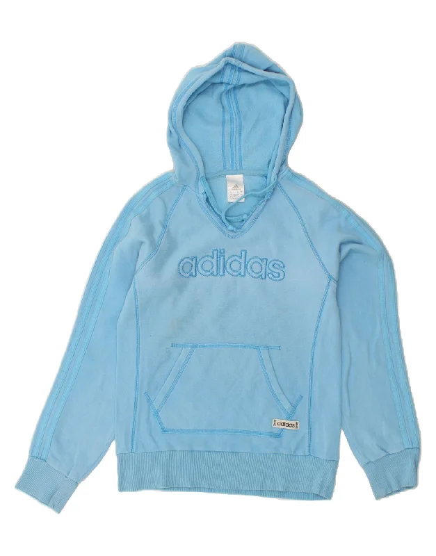 ADIDAS Womens Graphic Hoodie Jumper UK 10 Small  Blue Cotton Hoodie with Hood Adjustable Protection