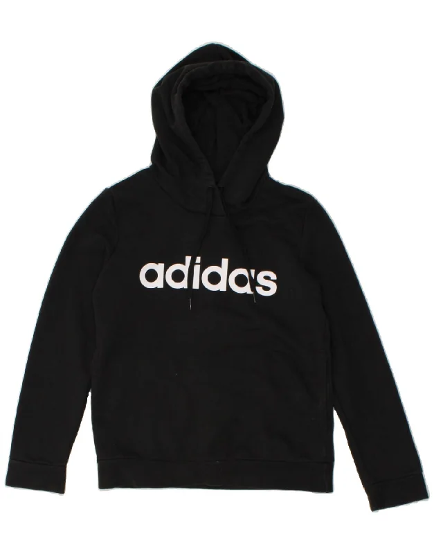 ADIDAS Womens Graphic Hoodie Jumper UK 8/10 Small Black Cotton Hoodie with Back Slit Movement Comfort