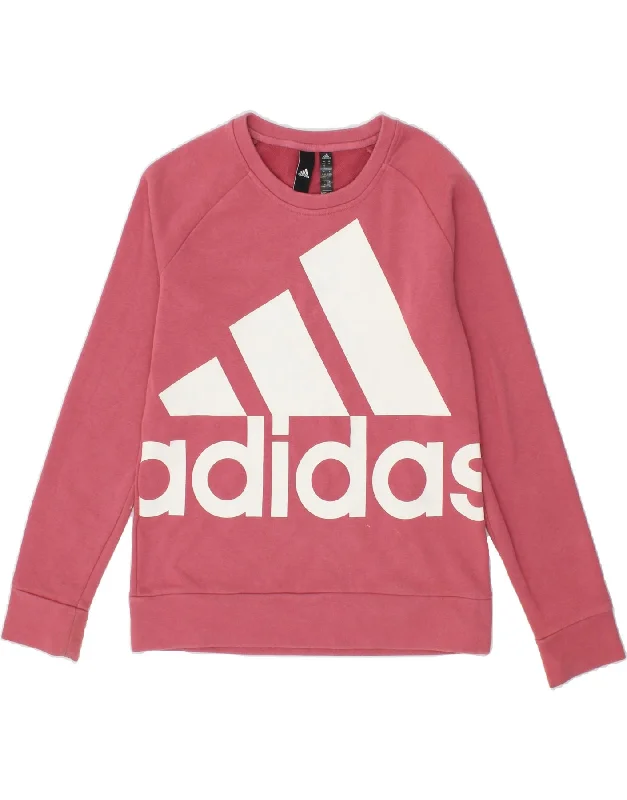 ADIDAS Womens Graphic Sweatshirt Jumper UK 12/14 Medium Pink Cotton Hoodie with Frayed Bohemian Relaxed