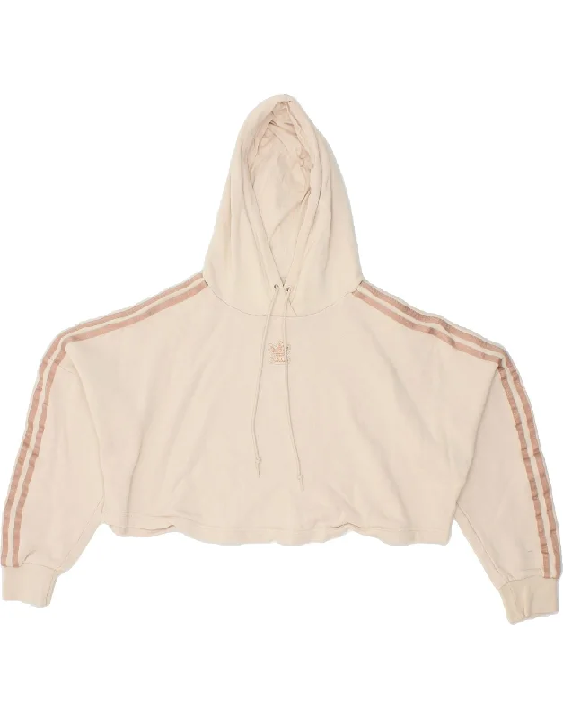 ADIDAS Womens Oversized Crop Hoodie Jumper UK  6 XS Beige Cotton Hoodie with Reflective Safety Nightwear