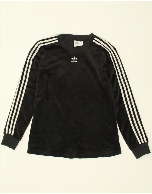 ADIDAS Womens Velour Sweatshirt Jumper UK 10 Small Black Polyester Hooded Sweatshirt Casual Wear Street Style