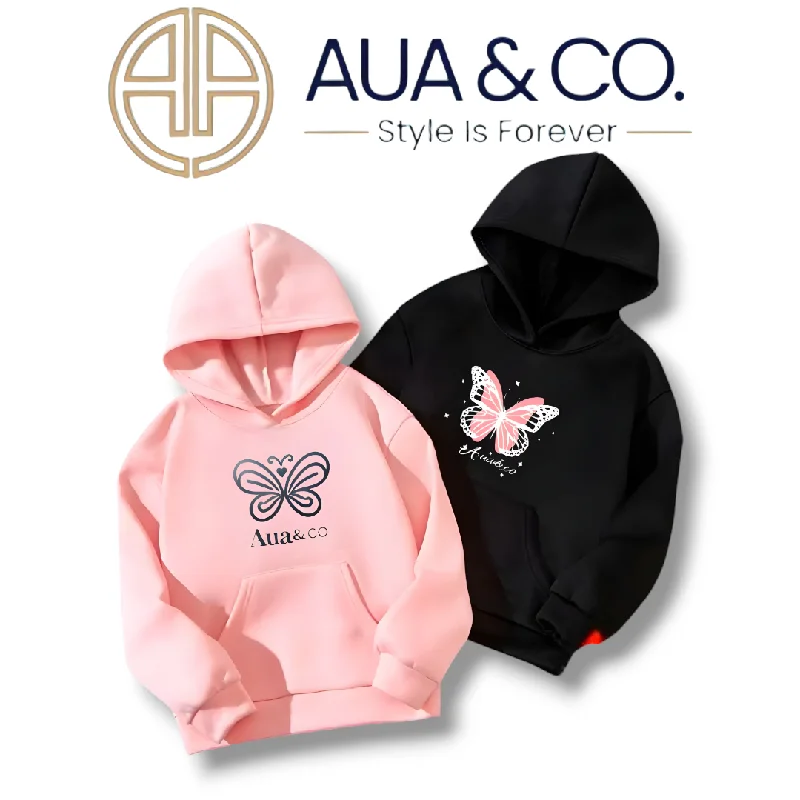 AUA&CO Pack of 2 Women's Hoodies | Winter Fleece | Butterfly Print | Pink & Black Hoodie with Patch Decorative Personalized