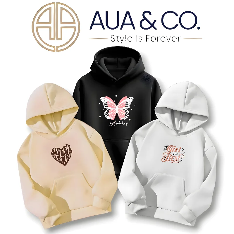 *AUA&CO Women's Winter Hoodie Bundle (Set of 3) - Premium Fleece Casual Streetwear (Beige, Black, White)* Graphic Hoodie Design Print