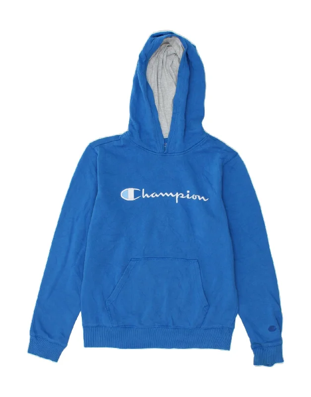 CHAMPION Boys Graphic Hoodie Jumper 13-14 Years XL Blue Cotton Hoodie with Hem Patch Decorative Personalized