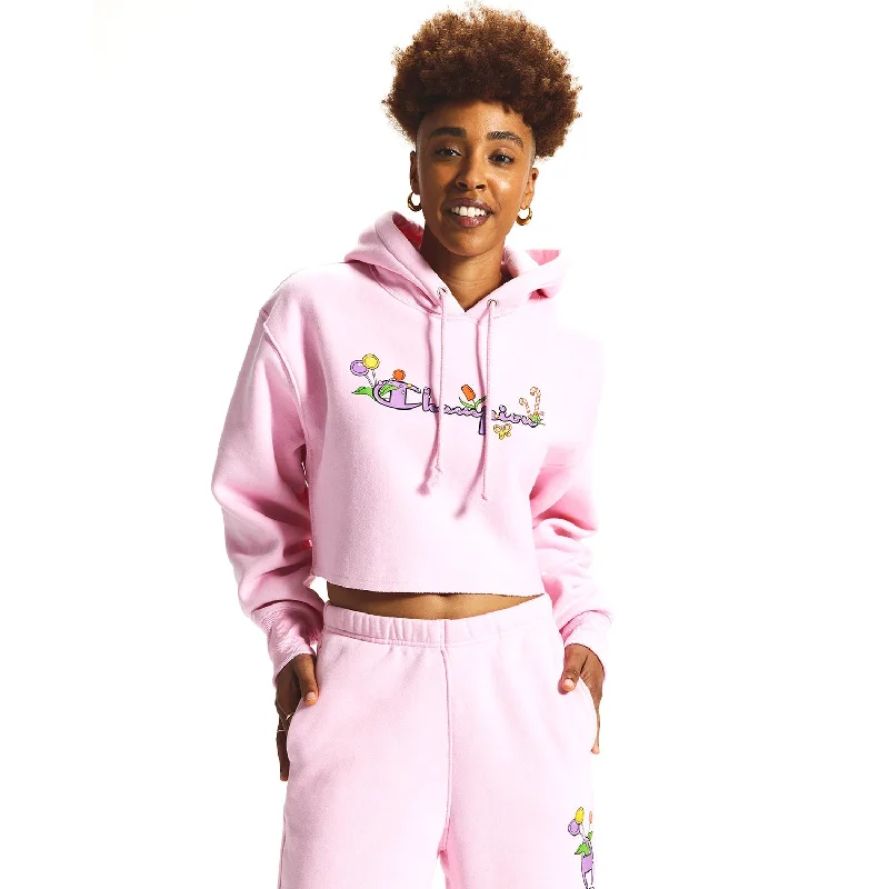 Champion Candy Land Reverse Weave Cropped Cut-Off Women's Hoodie Pink Candy Hoodie with Hem Elastic Stretchable Comfortable