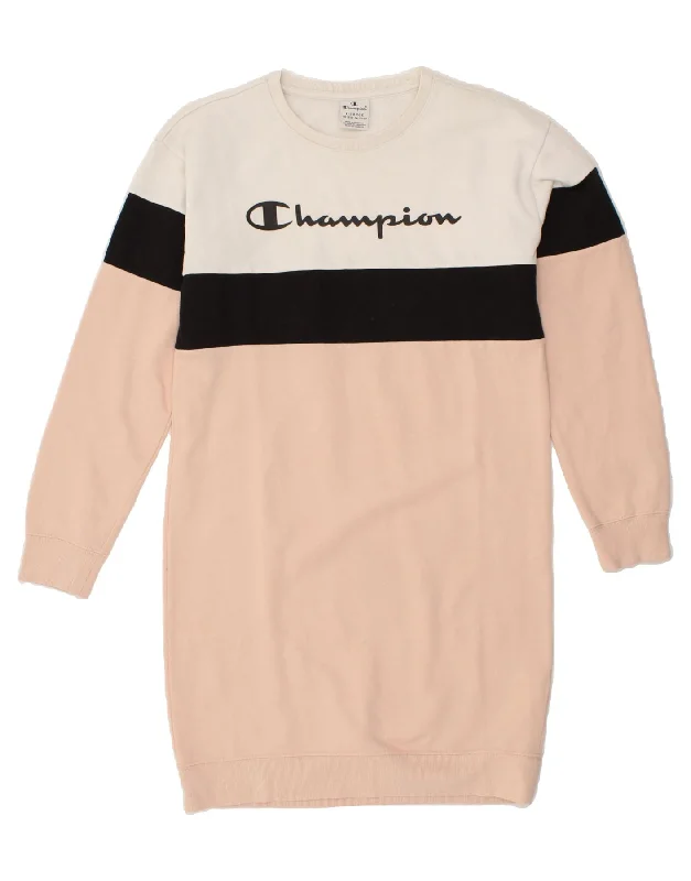 CHAMPION Girls Graphic Sweatshirt Jumper Dress 13-14 Years XL Pink Hoodie with Applique Textured Unique