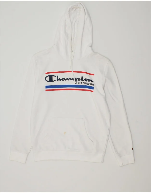 CHAMPION Mens Graphic Hoodie Jumper Small White Cotton Hoodie with Zipper Placket Modern Functional