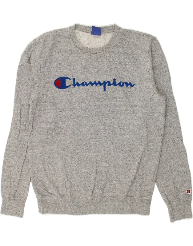 CHAMPION Mens Graphic Sweatshirt Jumper Small Grey Flecked Cotton Hoodie with Contrast Stitching Detailed Premium