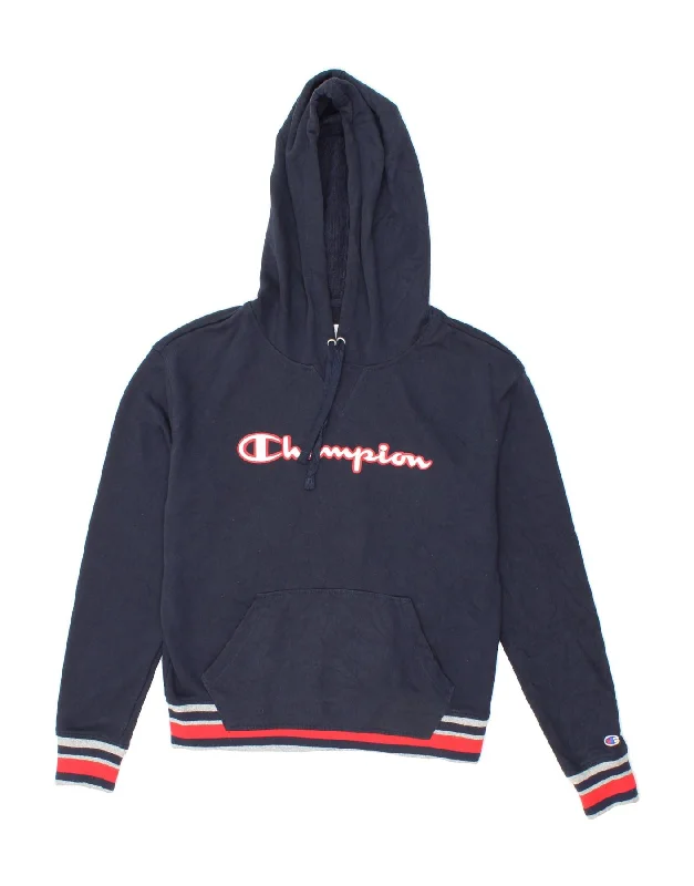 CHAMPION Womens Graphic Hoodie Jumper UK 10 Small Navy Blue Cotton Hoodie with Monochrome Minimalist Simple