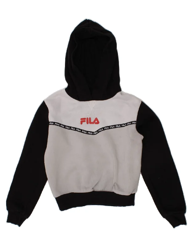 FILA Girls Hoodie Jumper 4-5 Years Grey Colourblock Cotton Hoodie with Hem Embroidery Detailed Premium