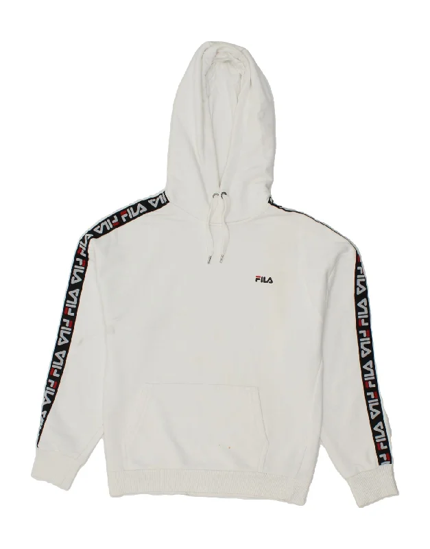 FILA Womens Graphic Hoodie Jumper UK 6 XS White Cotton Hoodie with Fur Luxurious Winter