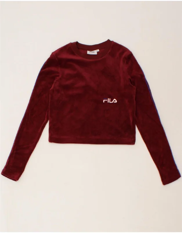 FILA Womens Velour Crop Sweatshirt Jumper UK 10 Small Burgundy Polyester Hoodie with Hem Ribbing Snug Secure