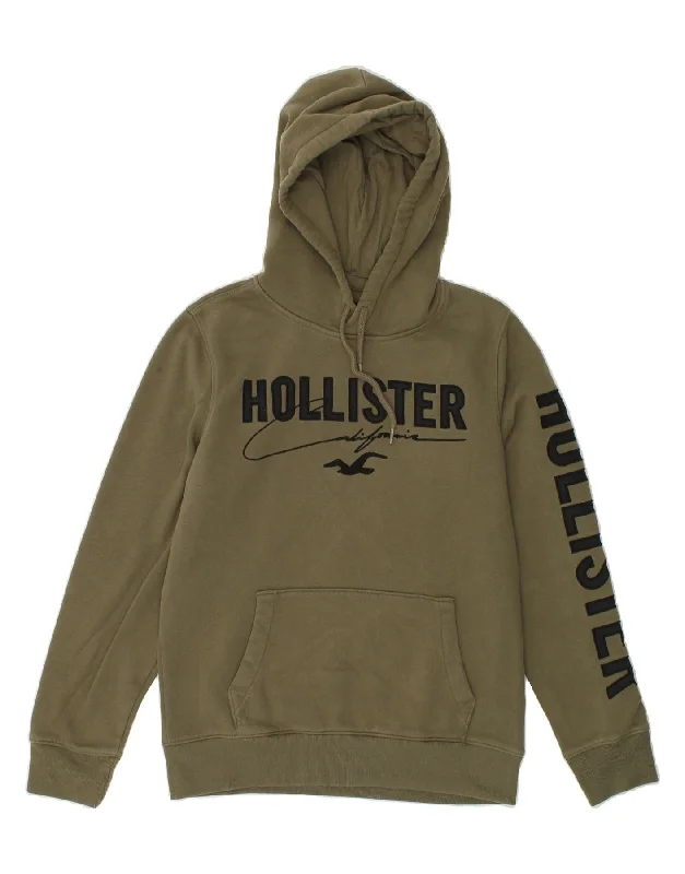 HOLLISTER Mens Graphic Hoodie Jumper Medium Khaki Cotton Hoodie with Embroidery Detailed Premium