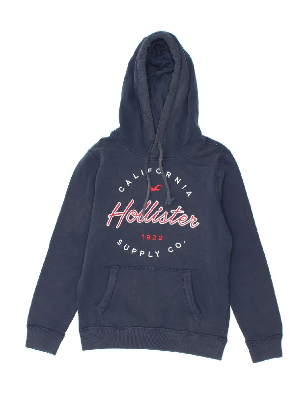 HOLLISTER Womens Loose Fit Graphic Hoodie Jumper UK 6 XS Navy Blue Cotton Hoodie with Relaxed Fit Easy Casual