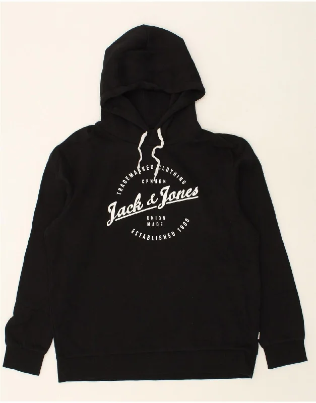 JACK & JONES Mens Graphic Hoodie Jumper 2XL Black Cotton Hoodie with Drawcord Adjustable Secure