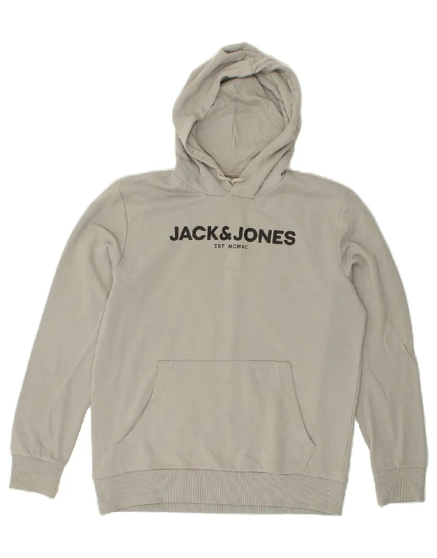 JACK & JONES Mens Graphic Hoodie Jumper Large Grey Cotton Hoodie with Hem Detail Decorative Unique