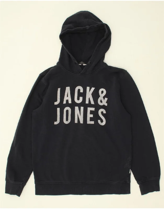 JACK & JONES Mens Graphic Hoodie Jumper Medium Navy Blue Cotton Zip Hoodie Drawstring Kangaroo Pocket