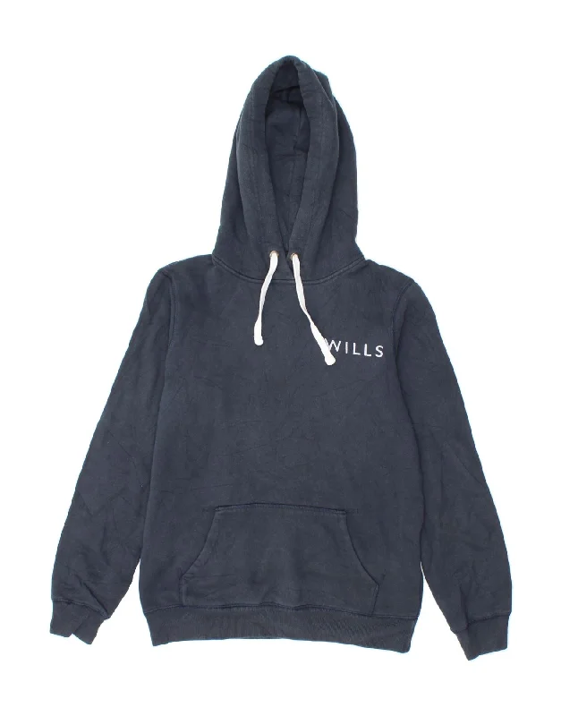 JACK WILLS Womens Graphic Hoodie Jumper UK 8 Small Navy Blue Cotton Hoodie with Turtle Neck Cozy Winter