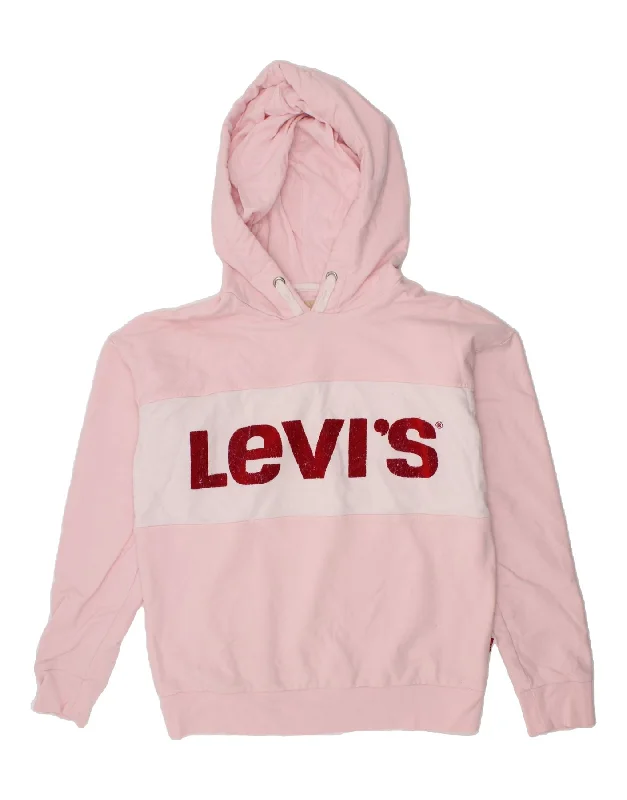 LEVI'S Girls Graphic Hoodie Jumper 15-16 Years Pink Cotton Hoodie with Hem Ribbing Snug Secure