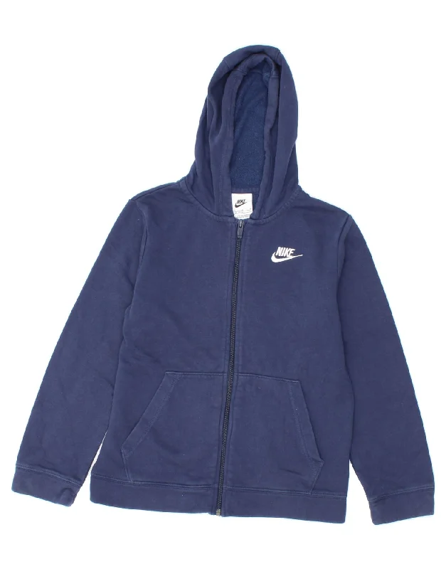 NIKE Boys Zip Hoodie Sweater 10-11 Years Medium Navy Blue Cotton Cotton Hoodie Fleece Lining Warmth