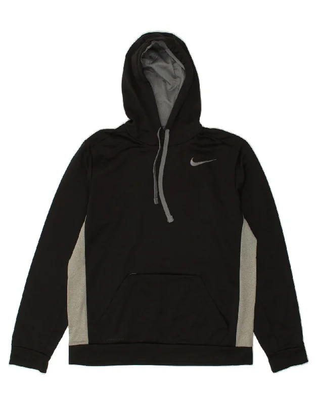 NIKE Mens Therma-Fit Hoodie Jumper Medium Black Colourblock Polyester Hoodie with Distressed Vintage Worn