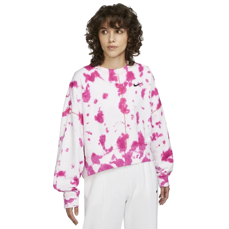 Nike Oversized Fleece Tie-Dye Crew Women's Sweatshirt Pink-Red-Black Hoodie with Side Slits Relaxed Casual