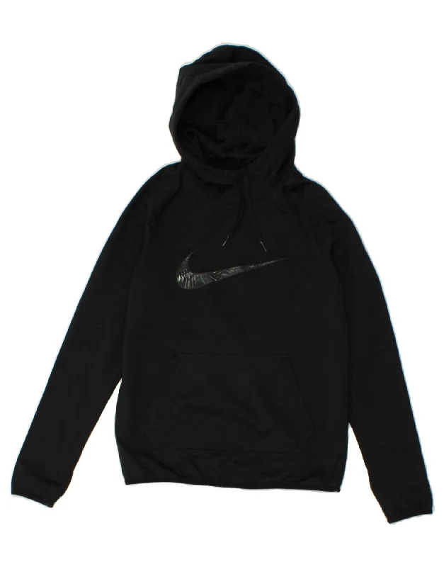 NIKE Womens Dri Fit Graphic Hoodie Jumper UK 6 XS Black Polyester Hoodie with Drawstring Waist Adjustable Fitted