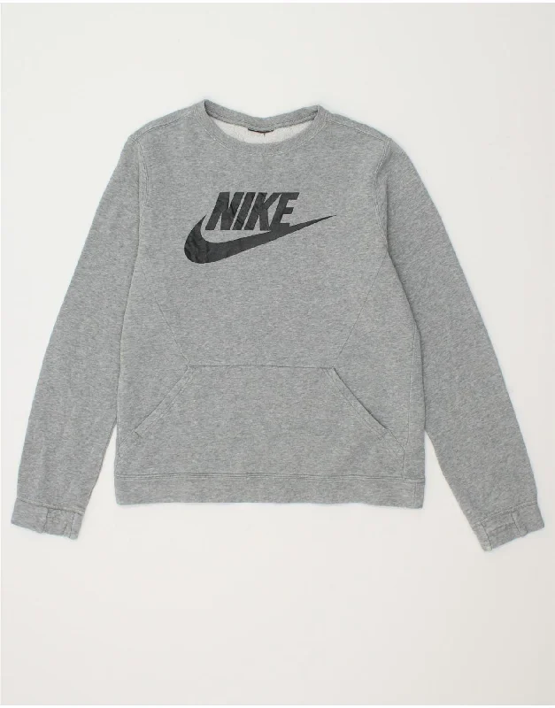 NIKE Womens Graphic Sweatshirt Jumper UK 12 Medium Grey Cotton Hoodie with Velcro Closure Adjustable Secure