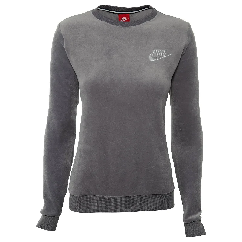 Nike Women's Sportswear Velour Crew Sweatshirt Dark Grey Plush Hoodie with Longline Fit Extended Stylish