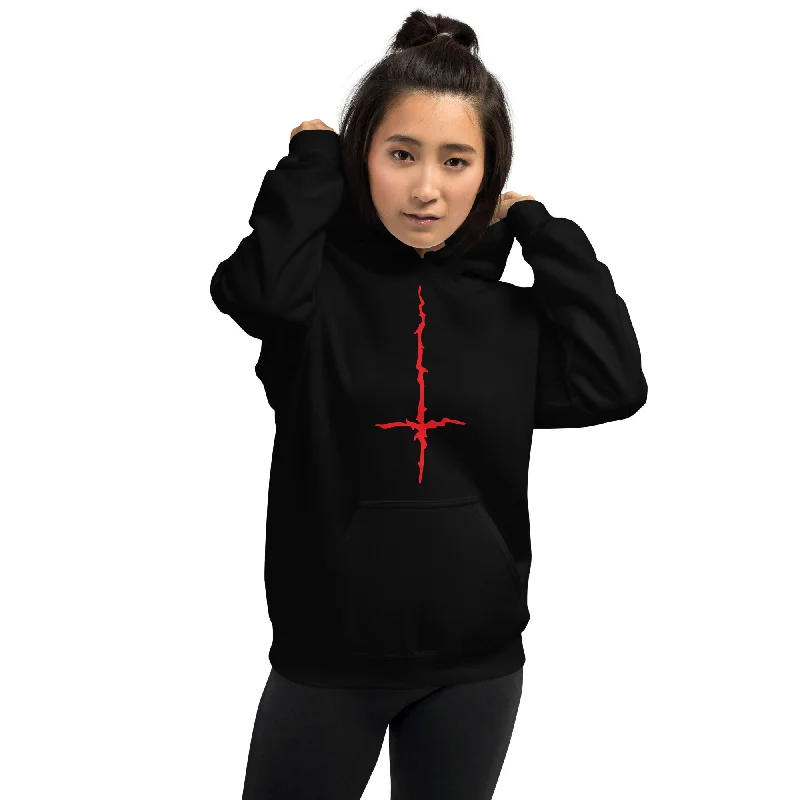 Red Melting Inverted Cross Black Metal Style Unisex Hoodie Sweatshirt Hoodie with Metallic Shiny Futuristic