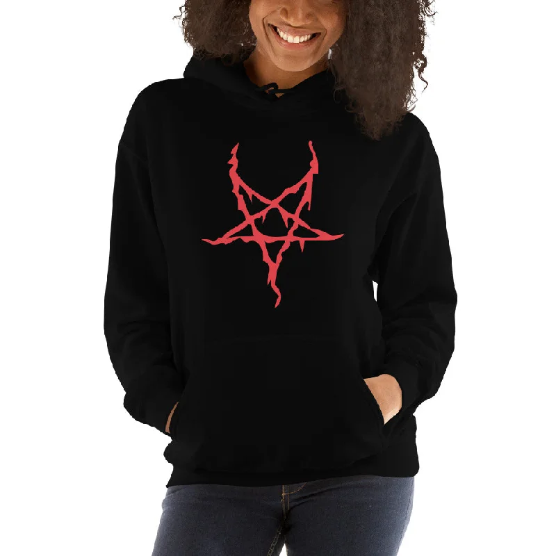 Red Melting Inverted Pentagram Black Metal Style Unisex Hoodie Sweatshirt Hoodie with Puffed Sleeves Voluminous Trendy