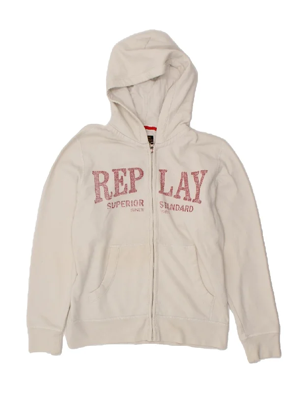 REPLAY Boys Graphic Zip Hoodie Sweater 13-14 Years Beige Cotton Hoodie with Longline Fit Extended Stylish