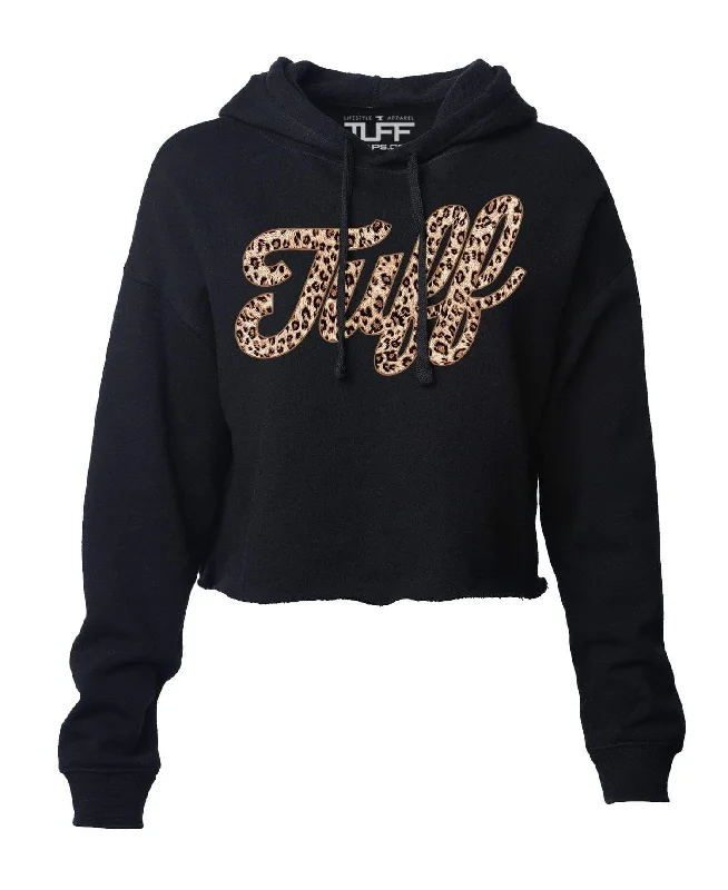 TUFF Script Leopard Hooded Cropped Fleece Hoodie with Camouflage Military Edgy