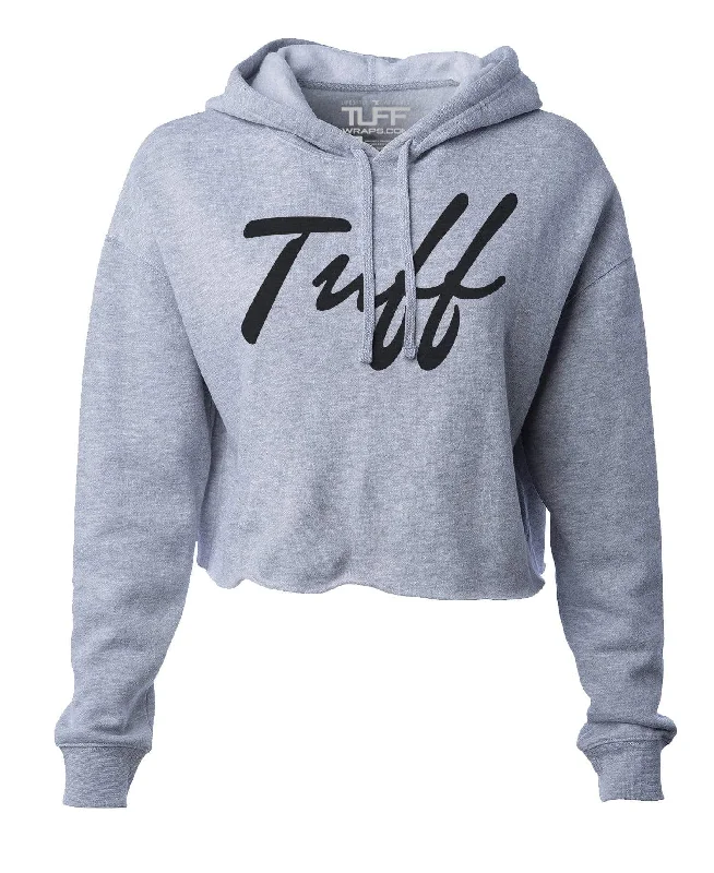 TUFF Thin Script Hooded Cropped Fleece Hoodie with Hem Contrast Bold Stylish