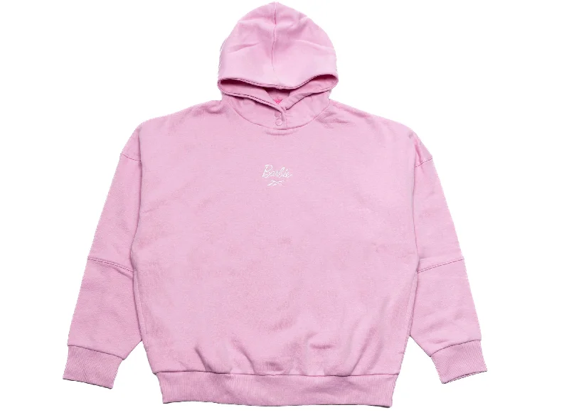 Women's Reebok x Barbie Hoodie in Rose Hoodie with Hem Raw Edge Edgy Unfinished