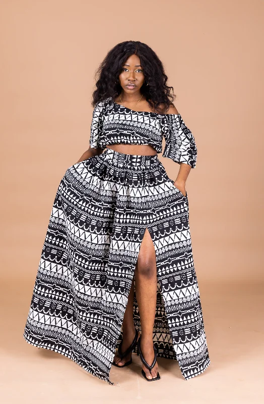 Amina Ankara Maxi Skirt | Black and White African Tribal Print summer skirt style